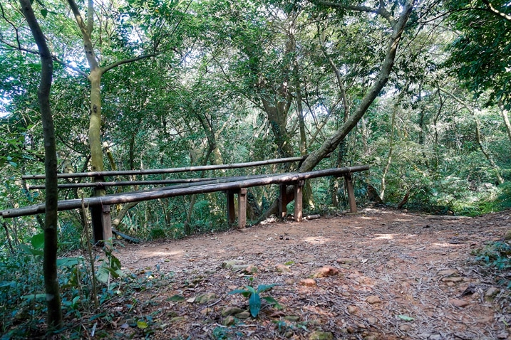 山區步道旁有簡易竹製長椅