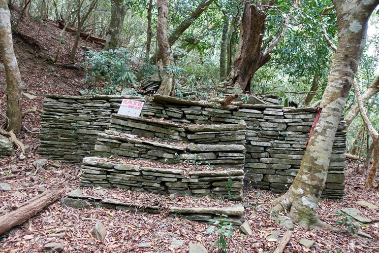 Stairs and platform made from old stones - trees in background